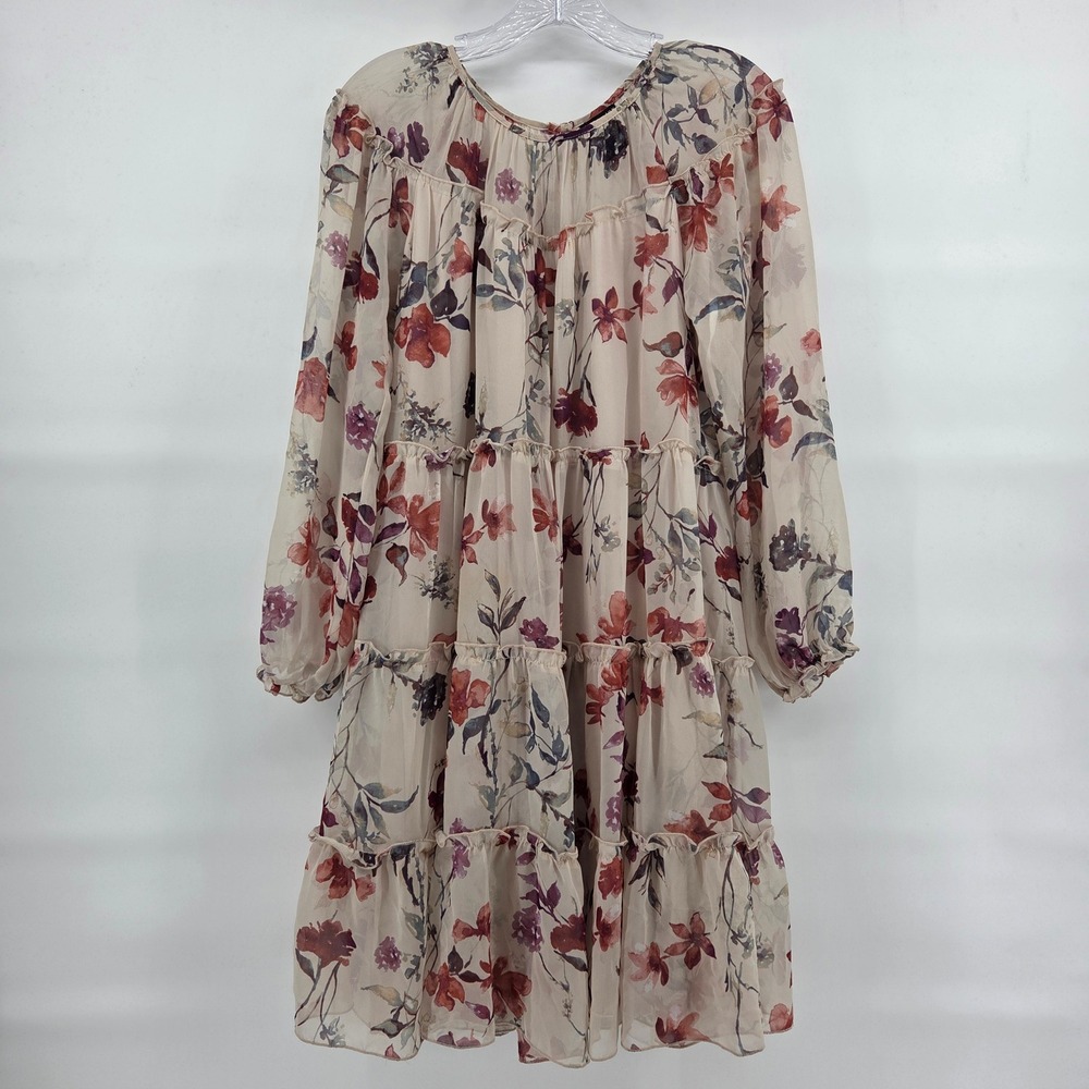 Kate and Lily Tiered‎ Floral Dress 6 Tan Burgundy Ruffle Boho Eclectic Romantic